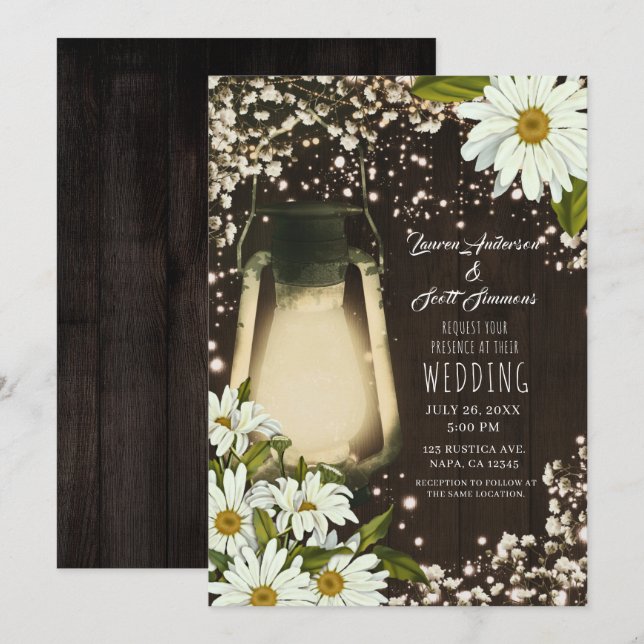 Invitación Luces Rústicas Linterna Daisies Aliento de Bebé Bo (Anverso / Reverso)