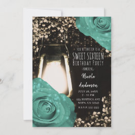 Invitación Luces Rústicas Linterna Verde Menta Rosas Dulces 1