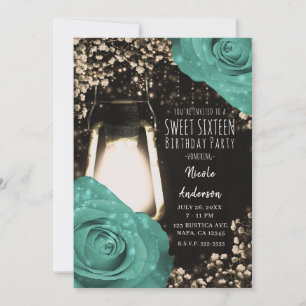Invitación Luces Rústicas Linterna Verde Menta Rosas Dulces 1
