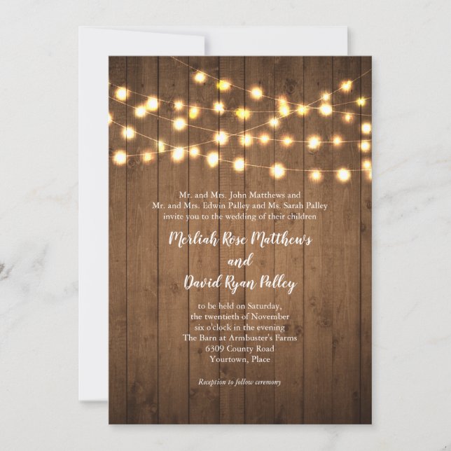 Invitación Luces Rústicas para Fiesta de Boda de Madera Falsa (Anverso)