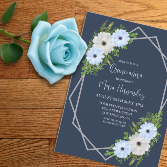 Invitación Luces Rústicas Quinceañera Floral Azul y Blanco  (Subido por el creador)