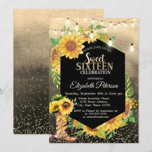 Invitación Luces rusticas, Sunflowers Country Sweet 16
