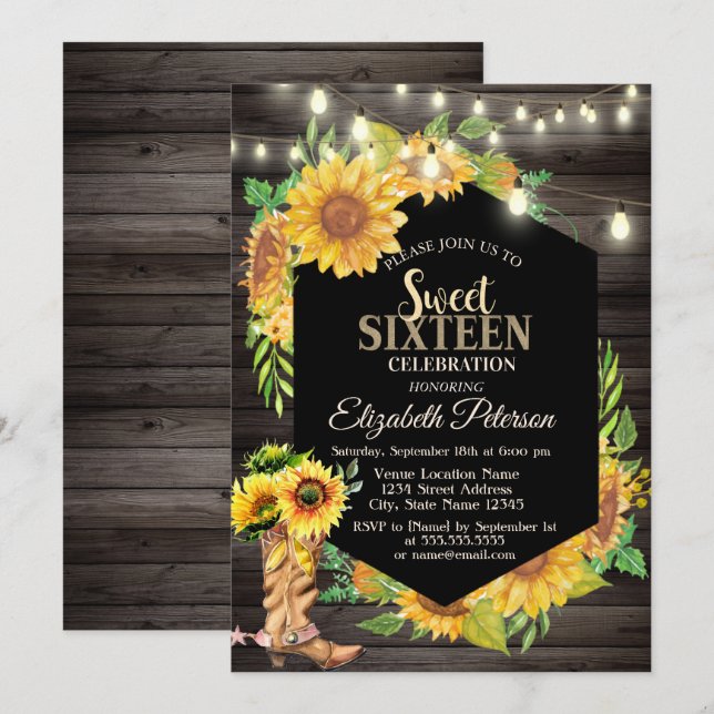 Invitación Luces Rústicas, Sunflowers Country Wood Sweet 16 (Anverso / Reverso)