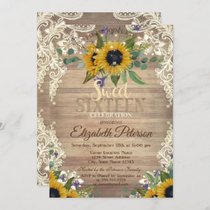 Invitación Luces Rústicas, Sunflowers Lazas Dulces 16 Fiestas