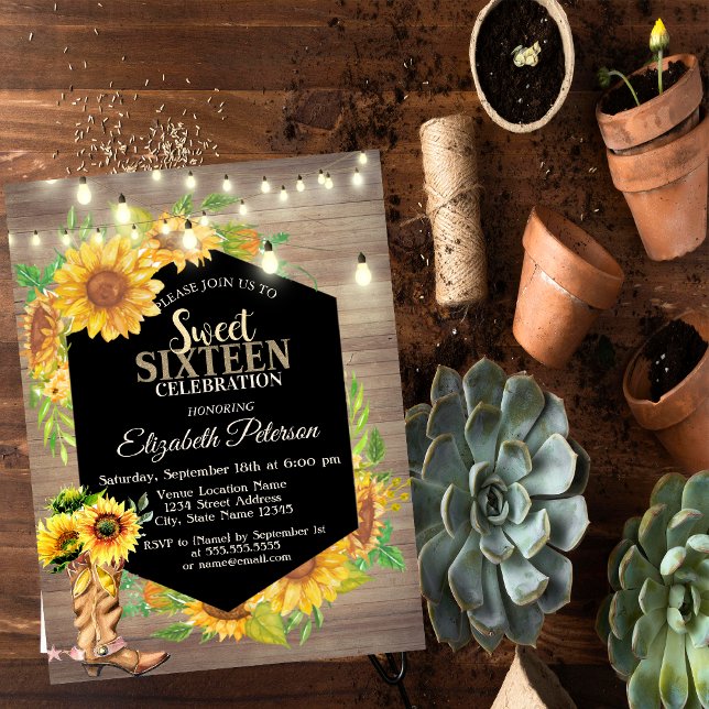 Invitación Luces Rústicas, Sunflowers Wood Country Sweet 16 (Subido por el creador)