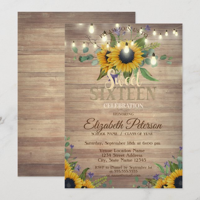 Invitación Luces rusticas, Sunflowers Wood Sweet 16 Fiesta (Anverso / Reverso)