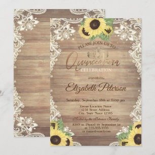 Invitación Luces Rústicas, Tiara, Girasoles de Encaje Quincea