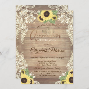 Invitación Luces Rústicas, Tiara, Sunflowers Lace Quinceañera