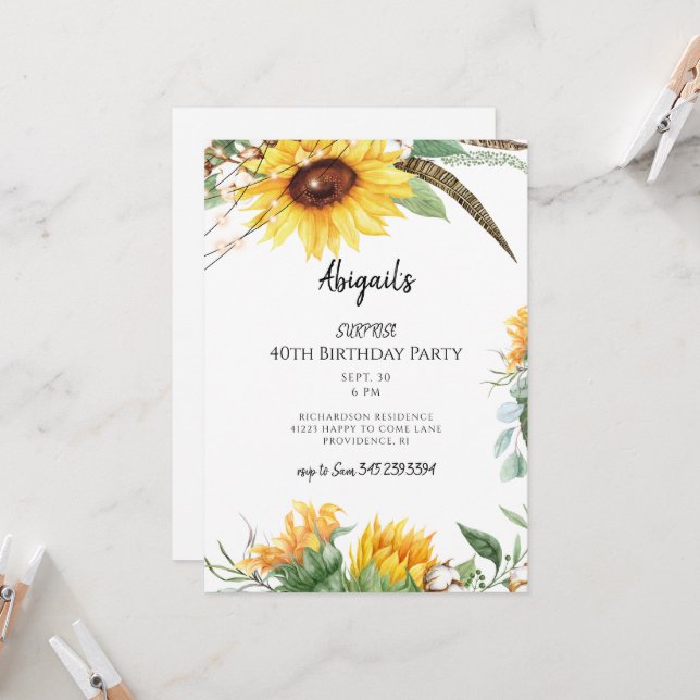 Invitación Luces Rústicas y Girasoles Fiesta de Cumpleaños So (Anverso/Reverso In Situ)