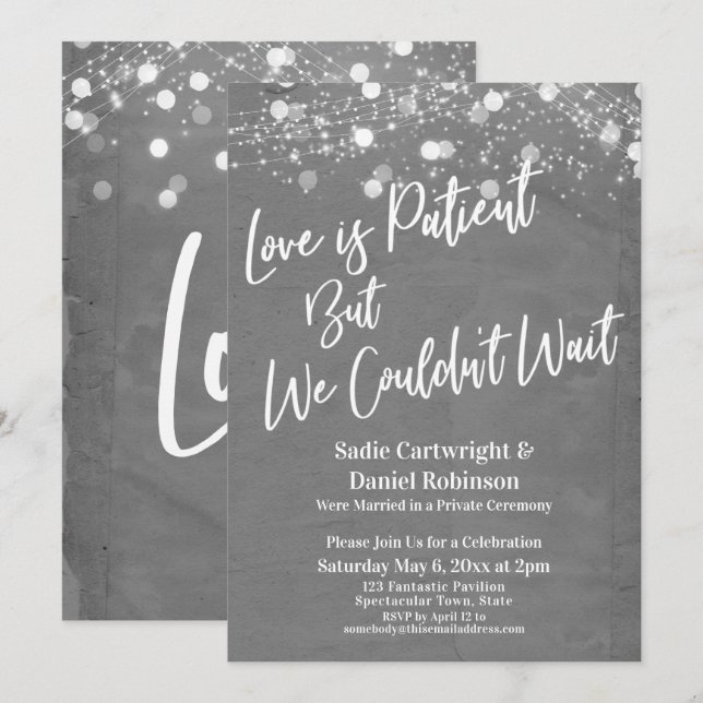 Invitación Luces Texturado Amor es Paciente Recepción Gris (Anverso / Reverso)