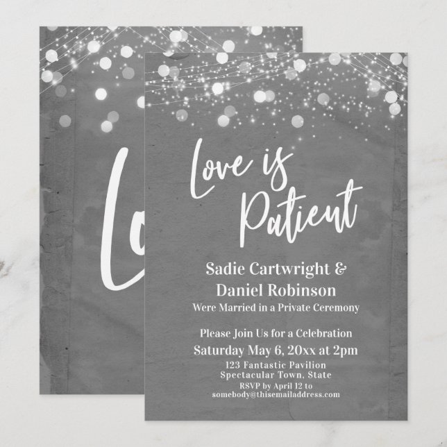 Invitación Luces Texturado Amor es Paciente Recepción Gris (Anverso / Reverso)