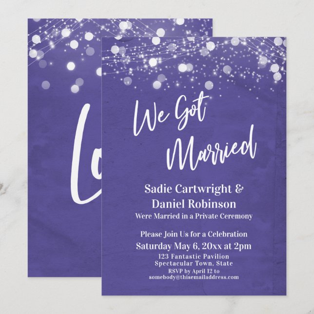 Invitación Luces Texturizado Nos Casamos Recepción Púrpura (Anverso / Reverso)