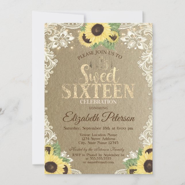 Invitación Luces,Tiara,Flores de Lazo de Kraft Dulces 16 Fies (Anverso)