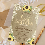 Invitación Luces, Tiara, Lace Sunflowers Kraft Sweet 16 Fiest<br><div class="desc">Flores de sol,  luces de cuerdas,  tiara de encaje y oro en un fondo kraft.</div>