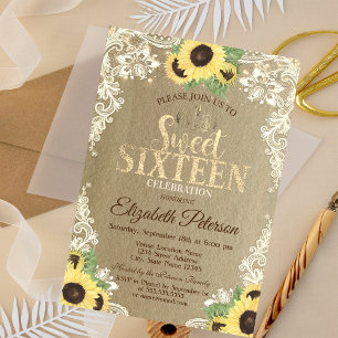Invitación Luces, Tiara, Lace Sunflowers Kraft Sweet 16 Fiest