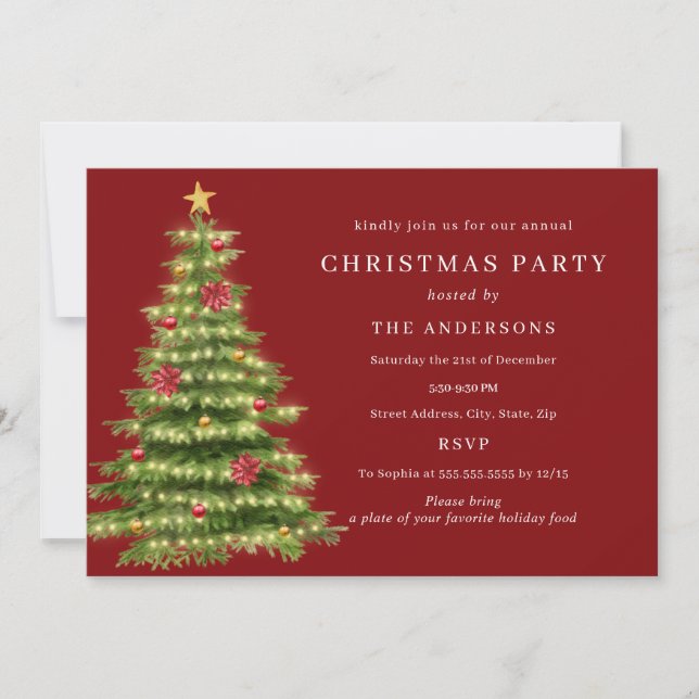 Invitación Luces Tradicionales de Árbol de Navidad Verdes Roj (Anverso)