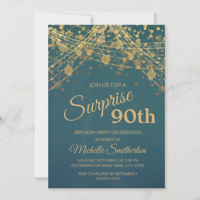 Invitación Luces verde azuladas de cuerda de oro sorprenden 9 (Anverso)