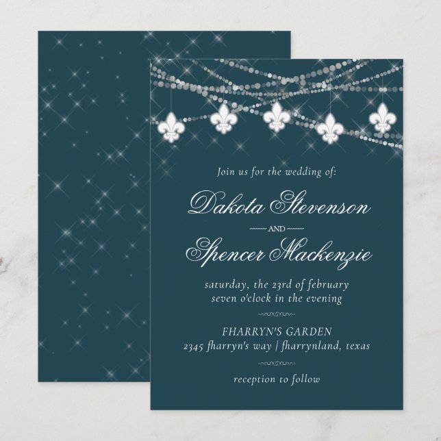 Invitación Luces Verde azuladas de Fleur de Lis | Moody Dark  (Anverso / Reverso)