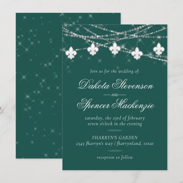 Invitación Luces verdes de Fleur de Lis | Boda temática audaz (Anverso / Reverso)