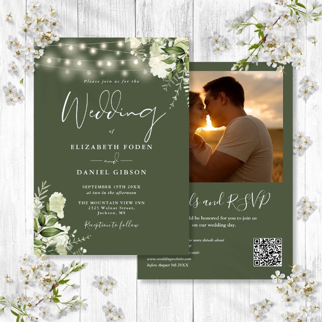 Invitación Luces verdes QR Código Foto Boda verde oliva (Greenery Lights QR Code Photo Olive Green Wedding Invitation)