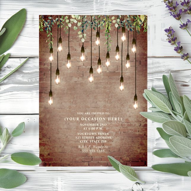 Invitación Luces Vintage Edison Ladrillo Botánico Fiesta (Subido por el creador)