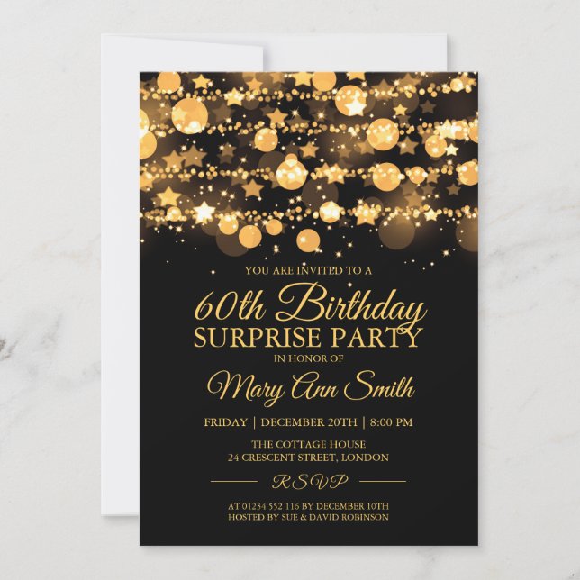 Invitación Luces y Estrellas Sorpresa del Oro de Cumpleaños (Anverso)