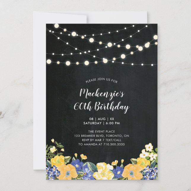 Invitación Luces y fiesta de cumpleaños de adultos con flores (Anverso)