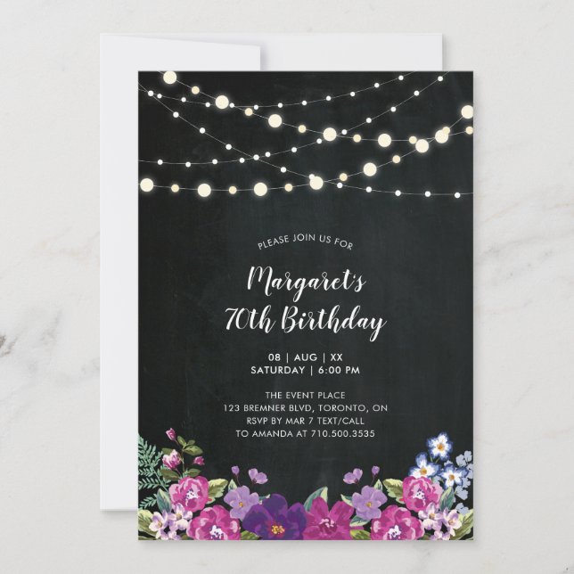 Invitación Luces y fiesta de cumpleaños de adultos con flores (Anverso)