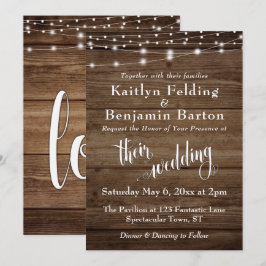 Invitación Luces y guión blancos de madera marrón rusa, Boda 