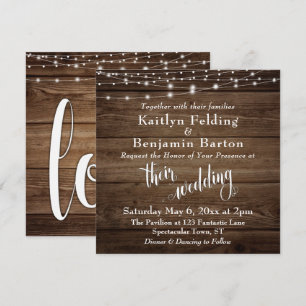 Invitación Luces y guiones blancos de madera marrón rusa, Bod