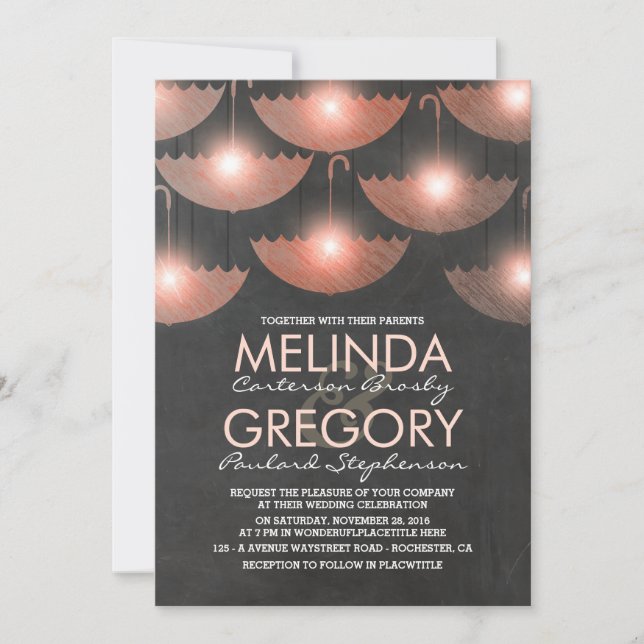 Invitación Luces y paraguas Boda rosa Chalkboard (Anverso)