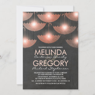 Invitación Luces y paraguas Boda rosa Chalkboard