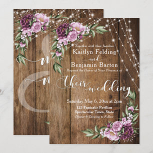 Invitación Luces y Peonies Rosados Bouquet, Boda de Madera Rú