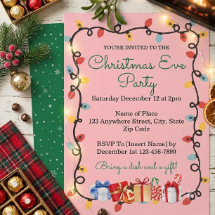 Invitación Luces y regalos de Nochebuena en rosa Fiesta navid