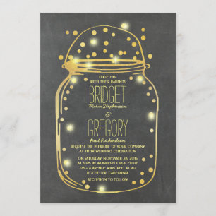 Invitación Luciérnagas con grifos de oro Mason Jar Boda