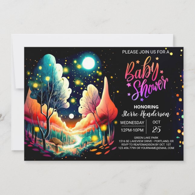 Invitación Luciérnagas de Woodland Dreamy Night Baby Shower (Anverso)