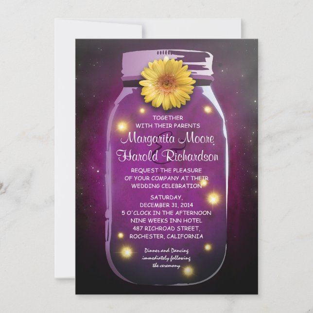 Invitación Luciérnagas y Boda musical Purple Mason Jar (Anverso)