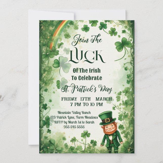 Invitación Luck Of Irish Shamrocks Rainbow Leprechaun Funky  (Anverso)