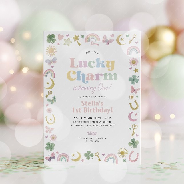 Invitación Lucky Charm 1st Birthday St Patricks Day Rainbow (Lucky Charm! St Patrick's Day 1st birthday invitation in pastel colours. )