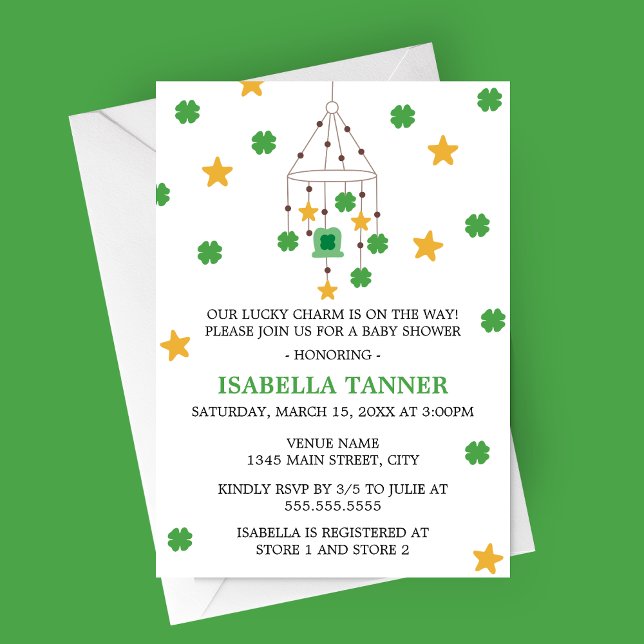 Invitación Lucky Charm Shamrock and Star Mobile Baby Shower (Lucky Charm Shamrock and Stars Baby Mobile Baby Shower Invitation for St. Patrick's Day)