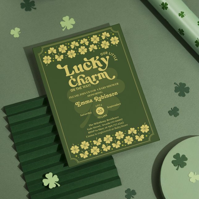 Invitación Lucky Charm st Patrick's day baby ducha (st Patrick's day baby shower Invitation leprechaun green modern lucky little shamrock four leaves)