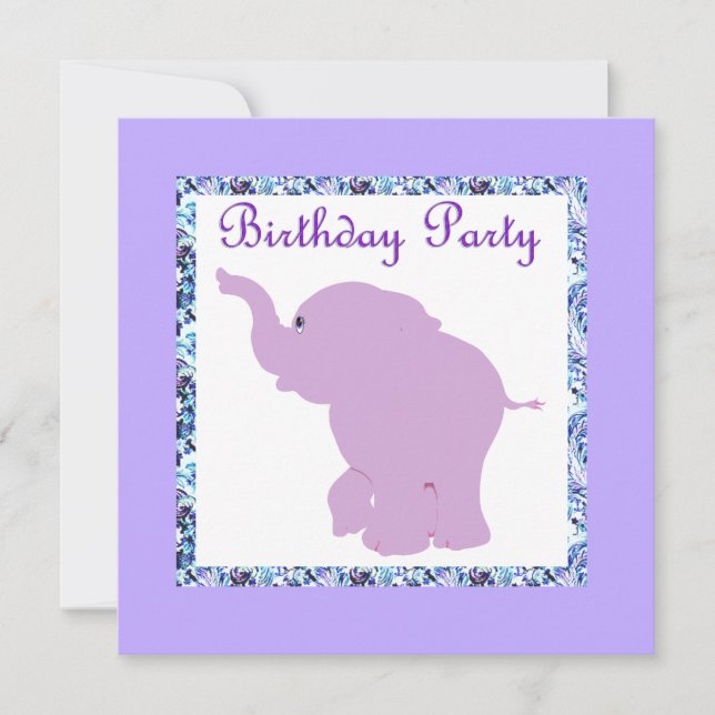 INVITACIÓN LUCKY ELEPHANT BIRTHDAY PARTY INVITATION PURPLE (Anverso)