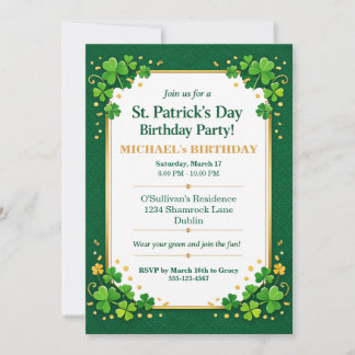 Invitación Lucky Green Gold Festive Shamrock Clover Birthday 