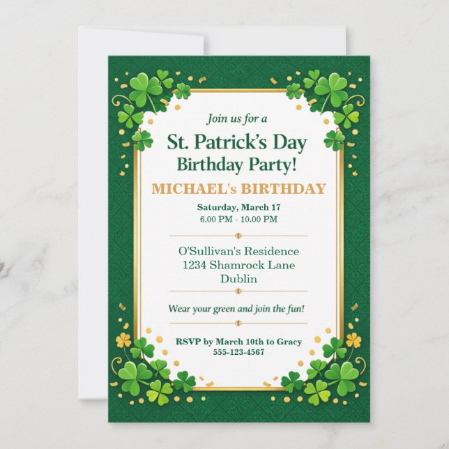 Invitación Lucky Green Gold Festive Shamrock Clover Birthday  (Anverso)