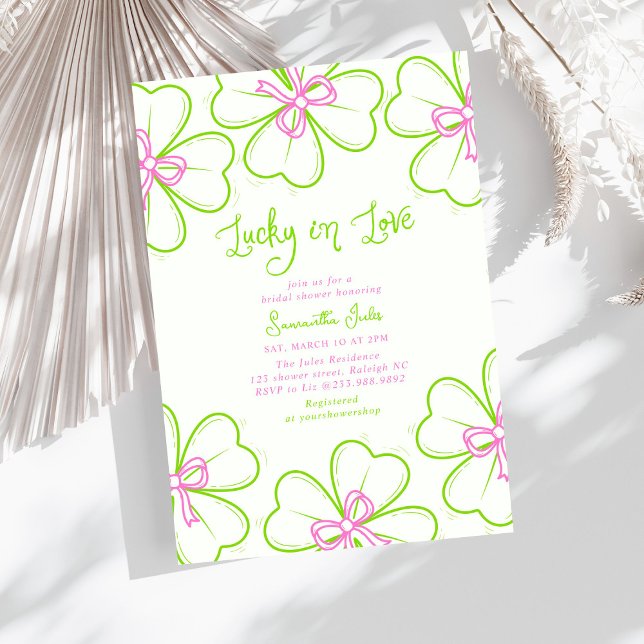 Invitación Lucky in Love Bridal Shower Pink Green Shamrock  (Subido por el creador)