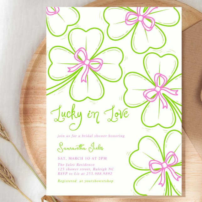 Invitación Lucky in Love Bridal Shower Pink Green Shamrock  (Subido por el creador)