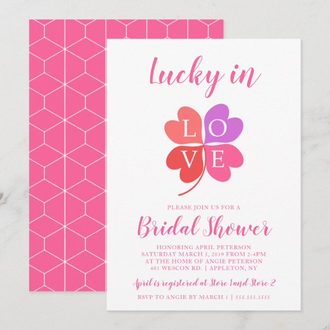 Invitación Lucky In Love Heart Shamrock Bridal Shower (Anverso / Reverso)