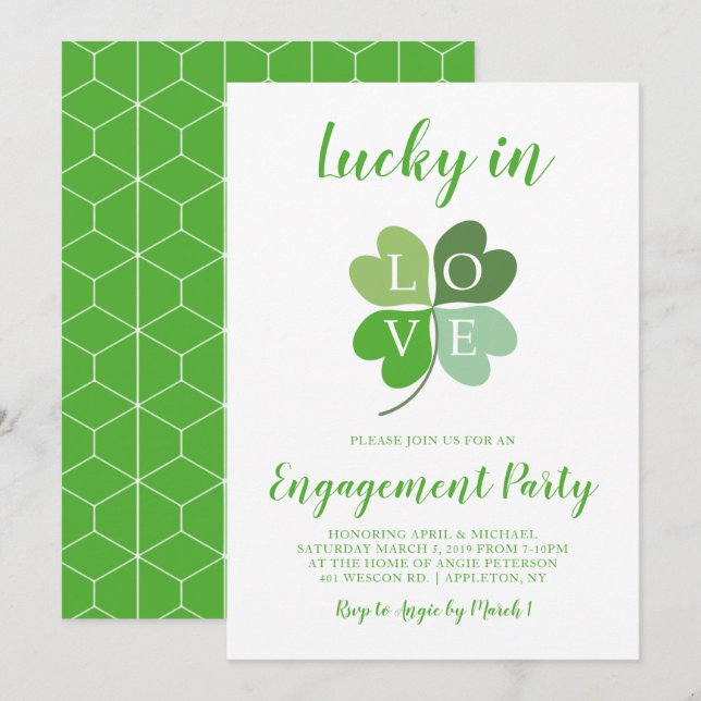 Invitación Lucky In Love Heart Shamrock Engagement Party (Anverso / Reverso)