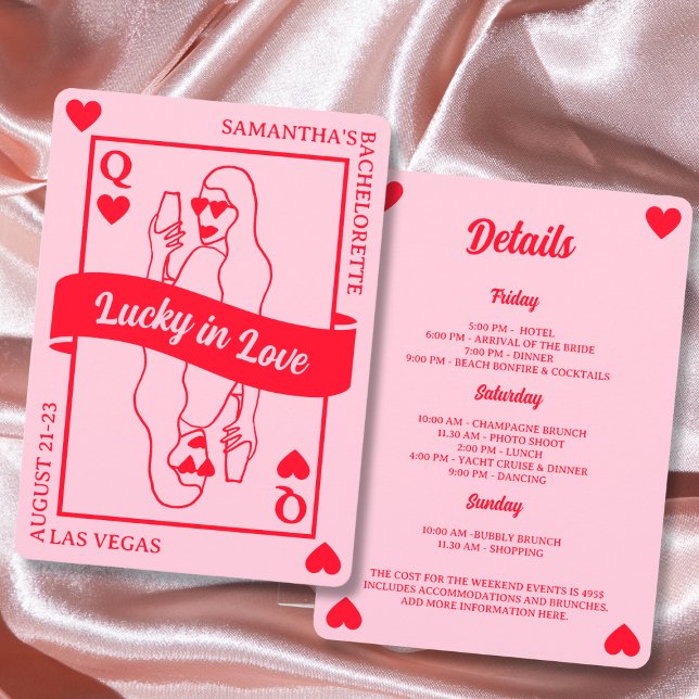 Invitación Lucky In Love Moda Pink & Red Bachelorette Weekend (Lucky In Love Chic Pink & Red Bachelorette Weekend Invitation)