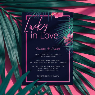 Invitación Lucky In Love Neon Pink Tropical Retro Boda